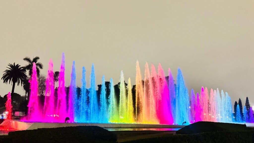 Bunt beleuchtete Wasserfontänen bei Nacht, beeindruckendes Lichterspektakel im Park mit Palmen, perfekte Kulisse für Veranstaltung oder Fotografie.